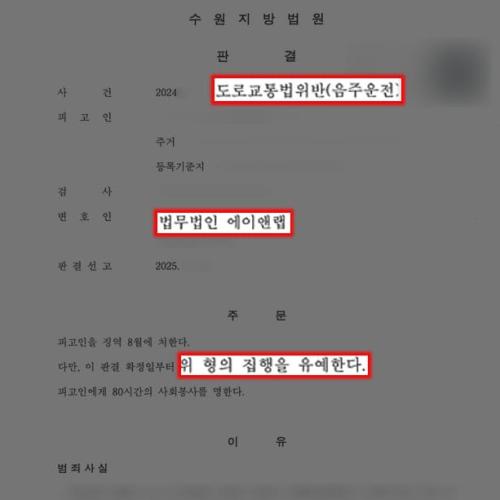 음주운전 4진 의뢰인 변호하여 집행유예 선처 이끌어내